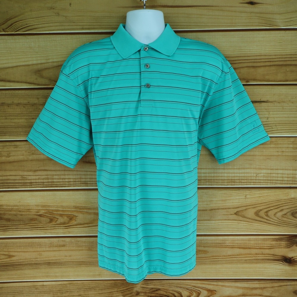 PGA Tour Polo Golf Shirt Mens Size XL Teal Blue Striped 100% Polyester‎ Outdoors